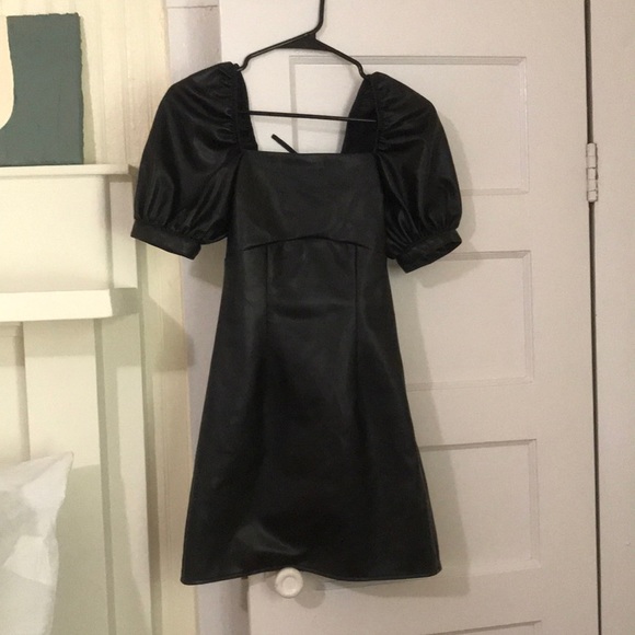 knee length dresses for ladies Classy Black Puffed Sleeves Women Mini Leather Dress L / Same As Picture